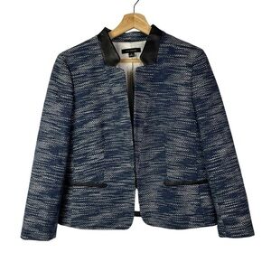 Ann Taylor Navy Blue Tweed Faux Leather Blazer Jacket 8